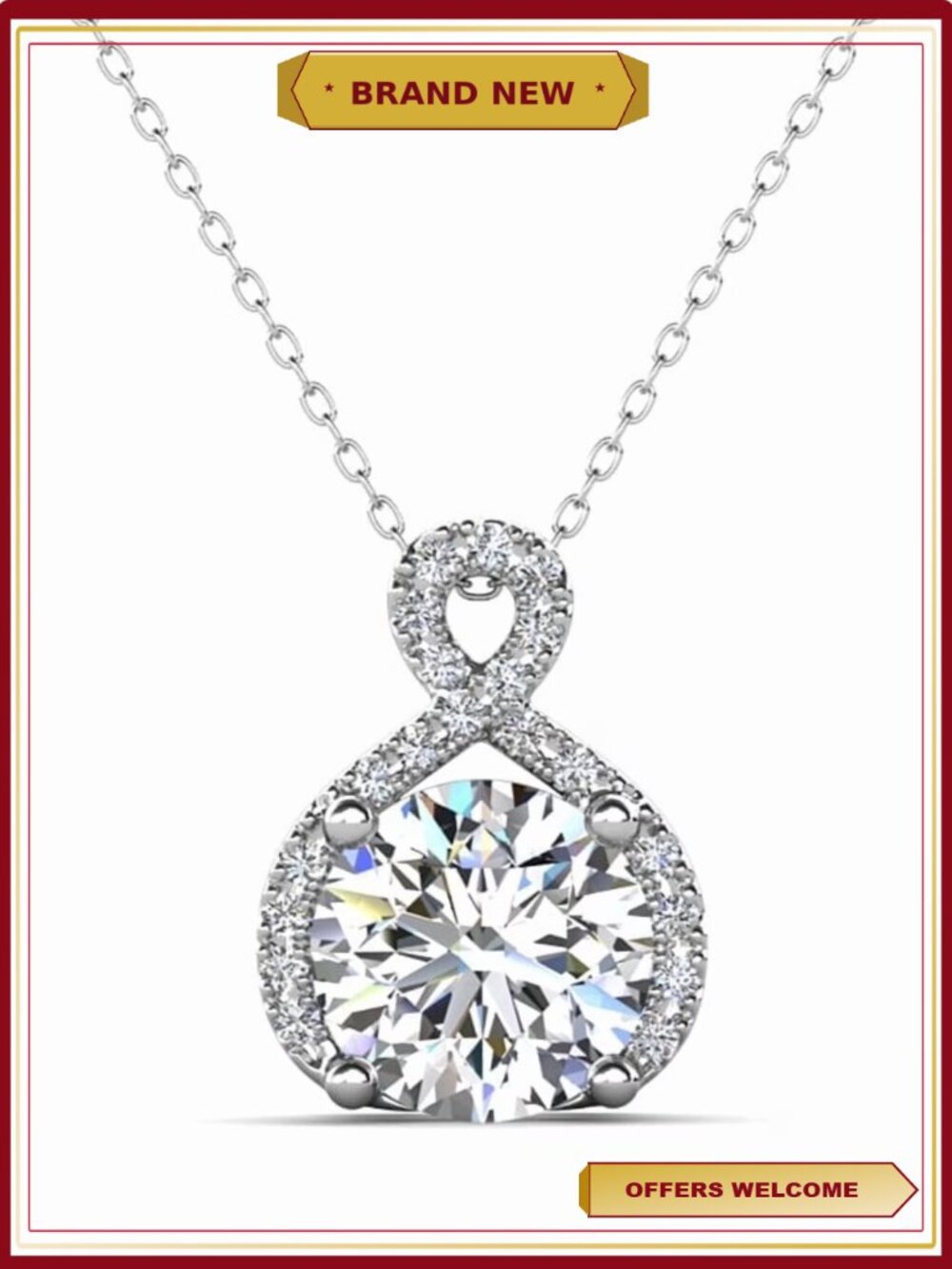 18k White Gold Plated Halo Infinity Necklace with Simulated Diamond Crystals